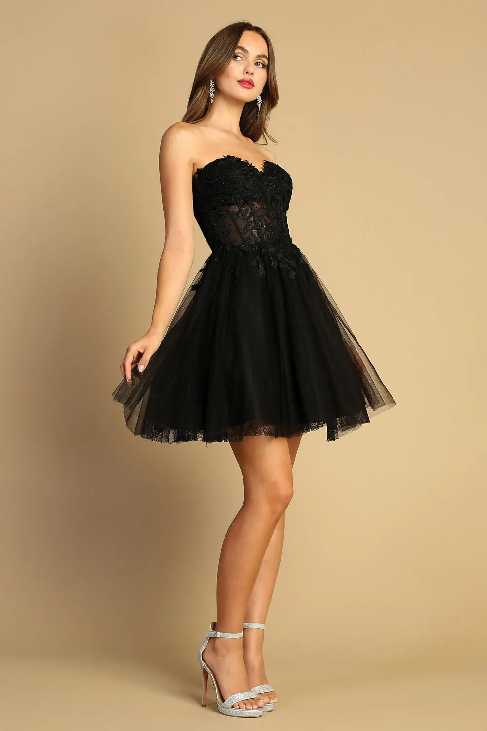 AD 1047 - Short Strapless Boned Bodice Homecoming Dress With Lace Up Corset Back