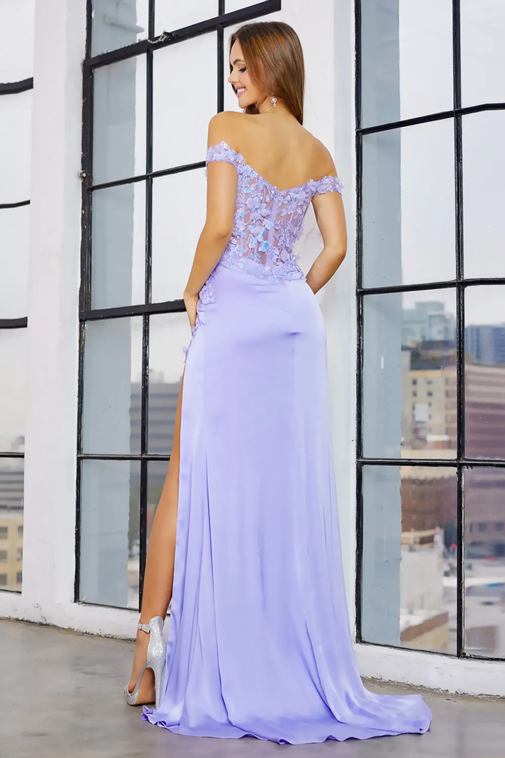 AD 3101 - Sequin Embellished Off the Shoulder Stretch Satin Prom Gown with Sheer Boned Bodice & Leg Slit