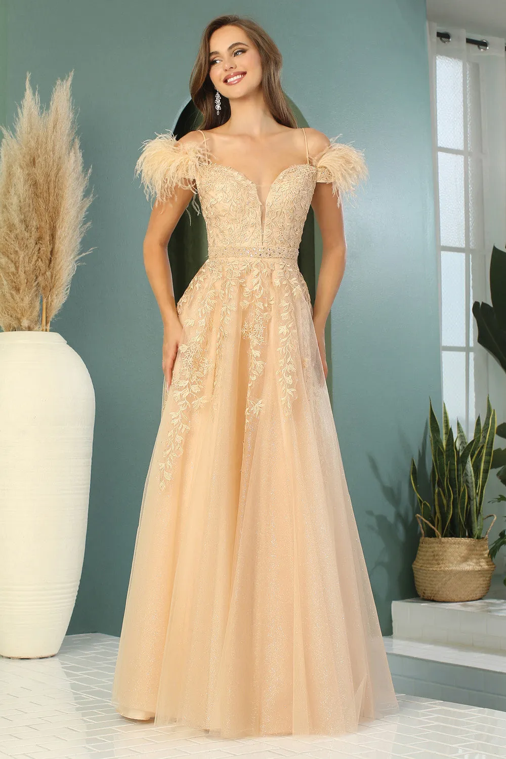 AD 3143 - A-Line Prom Gown With Feather Accented Off The Shoulder Straps & V-Neckline