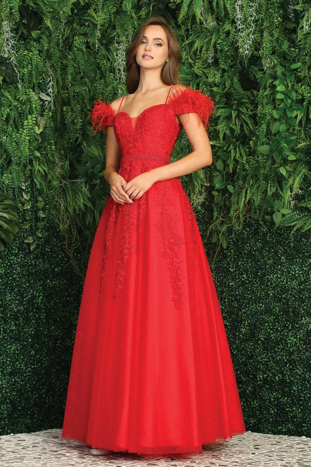 AD 3143 - A-Line Prom Gown With Feather Accented Off The Shoulder Straps & V-Neckline