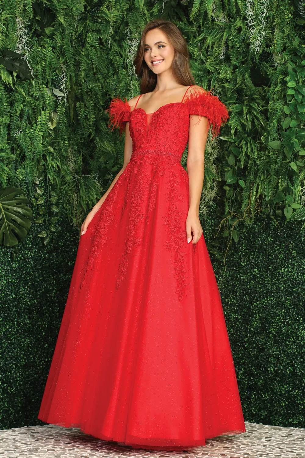 AD 3143 - A-Line Prom Gown With Feather Accented Off The Shoulder Straps & V-Neckline