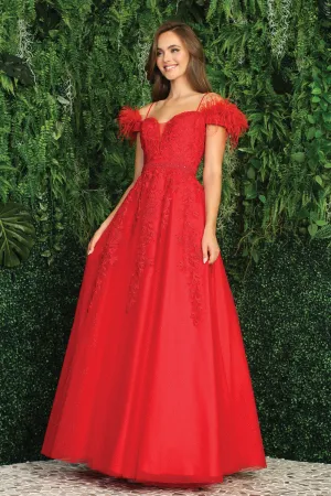 AD 3143 - A-Line Prom Gown With Feather Accented Off The Shoulder Straps & V-Neckline