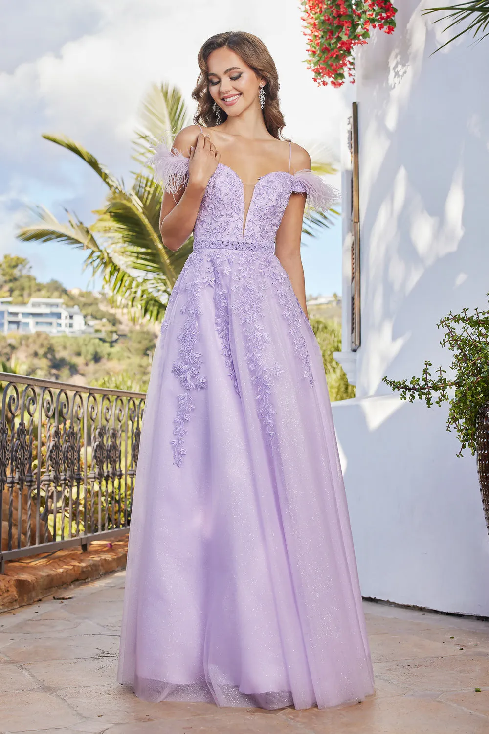 AD 3143 - A-Line Prom Gown With Feather Accented Off The Shoulder Straps & V-Neckline