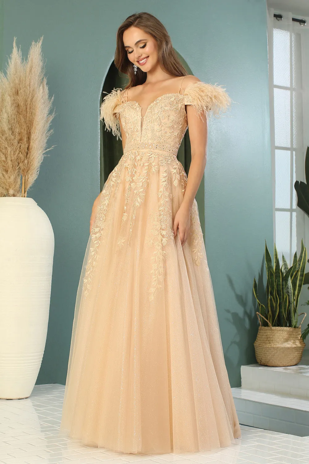 AD 3143 - A-Line Prom Gown With Feather Accented Off The Shoulder Straps & V-Neckline