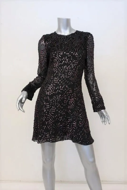 Adam Lippes Dress Black/Pink Flocked Lurex Metallic Velvet Size 4 Long Sleeve