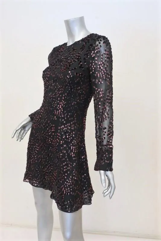 Adam Lippes Dress Black/Pink Flocked Lurex Metallic Velvet Size 4 Long Sleeve
