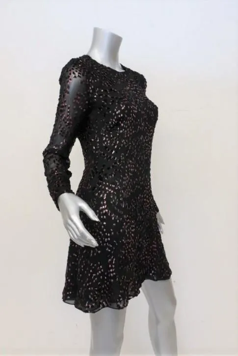 Adam Lippes Dress Black/Pink Flocked Lurex Metallic Velvet Size 4 Long Sleeve