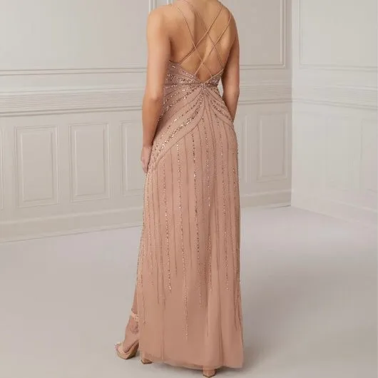 ADRIANNA PAPELL Style 40408 Long Beaded Gown Rose Gold Size 8 NWT