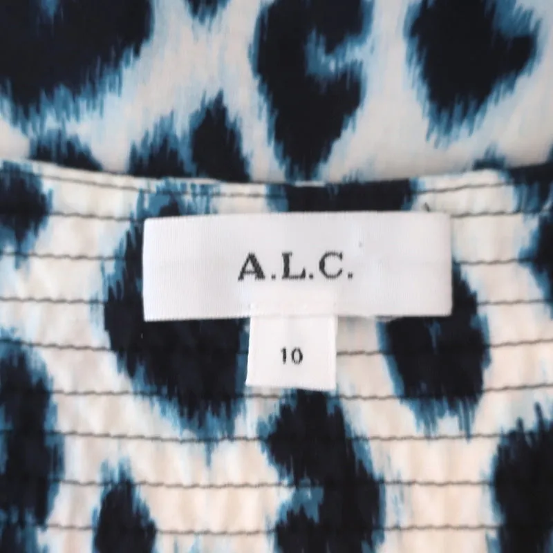 A.L.C. Puff Sleeve Top Elton Blue Leopard Print Size 10 V-Neck Blouse