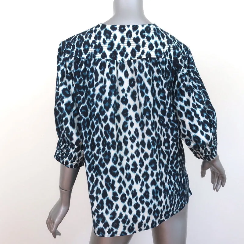 A.L.C. Puff Sleeve Top Elton Blue Leopard Print Size 10 V-Neck Blouse
