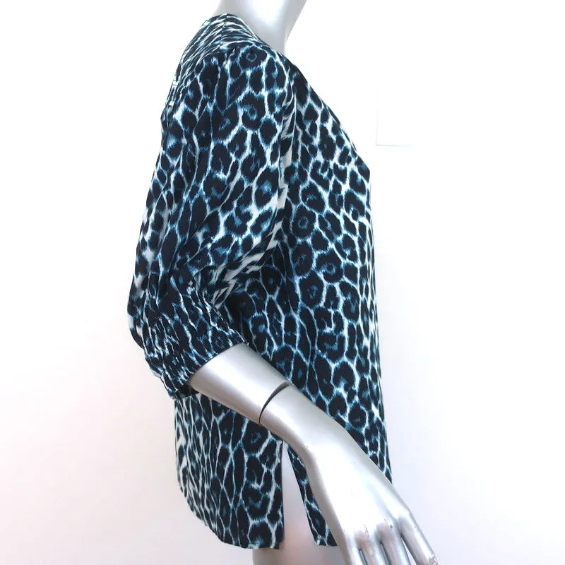 A.L.C. Puff Sleeve Top Elton Blue Leopard Print Size 10 V-Neck Blouse
