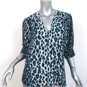A.L.C. Puff Sleeve Top Elton Blue Leopard Print Size 10 V-Neck Blouse