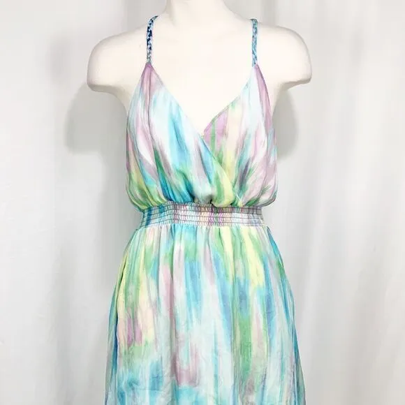 Anthropologie’s Charlie Jade Purple and Turquoise Tie Dye 100% Silk Dress XS