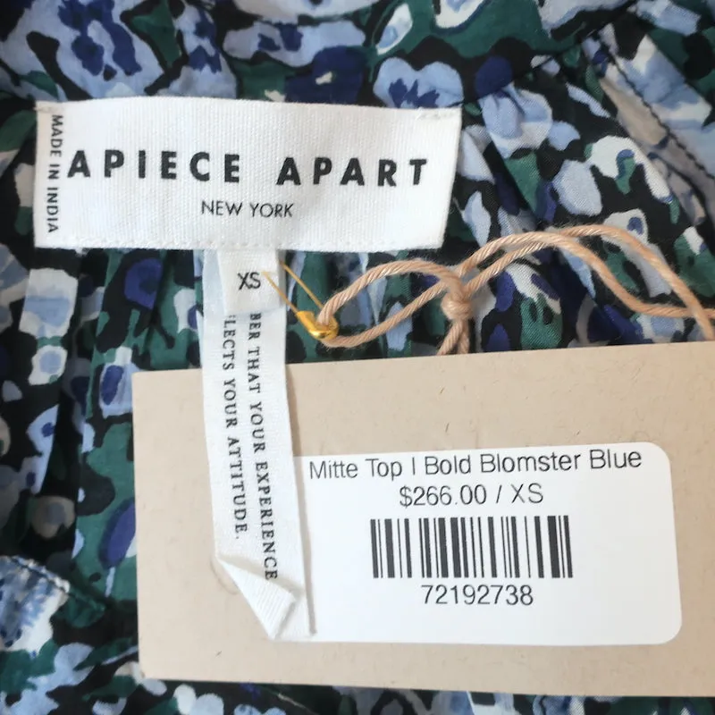 Apiece Apart Top Mitte Blue Floral Print Size Extra Small 3/4 Sleeve Blouse NEW