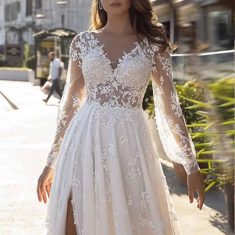 Appliqued Lace A-line Princess V-Neck Long Sleeve Sweep Train Tulle Wedding Dress