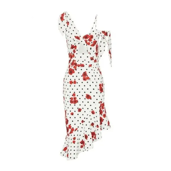 ASOS Design Rose Polka Dot Pephem Midi Dress Ruffle One Shoulder Unique High Low
