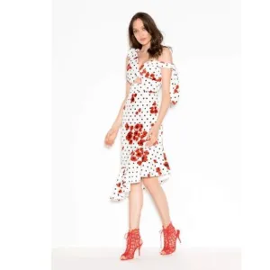 ASOS Design Rose Polka Dot Pephem Midi Dress Ruffle One Shoulder Unique High Low