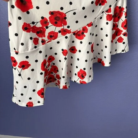 ASOS Design Rose Polka Dot Pephem Midi Dress Ruffle One Shoulder Unique High Low
