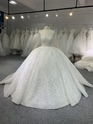 B212# Long Sleeve Pearl Beaded Wedding Dresses Ball Gown U-neck