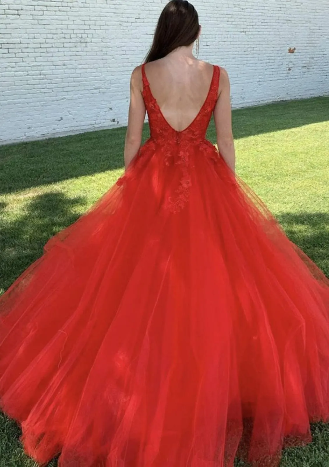 Ball Gown V Neck Sleeveless Court Train Red Lace Tulle Prom Dress, Beading
