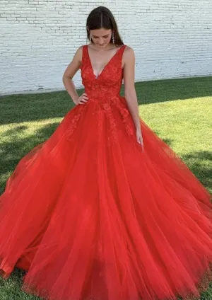 Ball Gown V Neck Sleeveless Court Train Red Lace Tulle Prom Dress, Beading