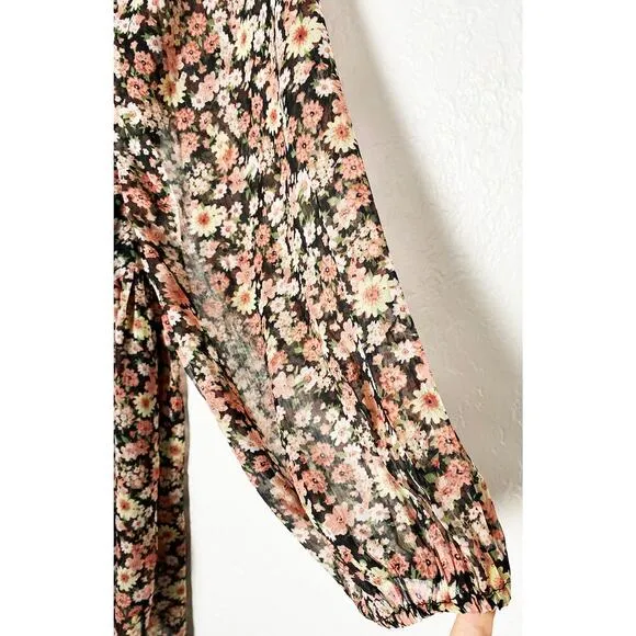 Bardot Women's Mini Floral Dress V Neck Backless Puff Sleeves Faux Wrap Tie Back