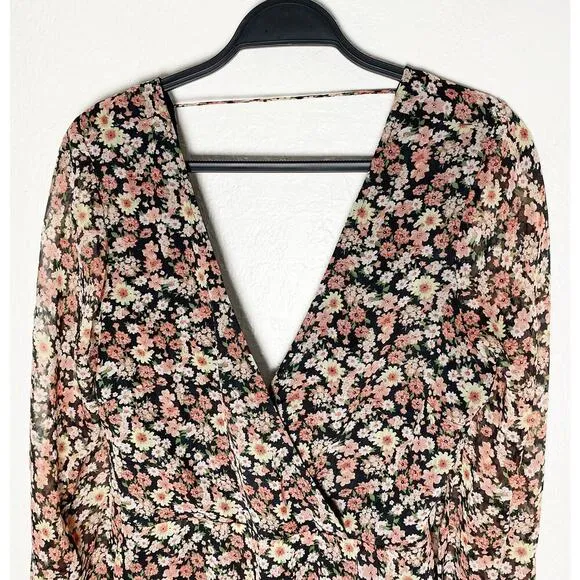 Bardot Women's Mini Floral Dress V Neck Backless Puff Sleeves Faux Wrap Tie Back