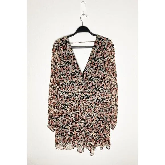 Bardot Women's Mini Floral Dress V Neck Backless Puff Sleeves Faux Wrap Tie Back