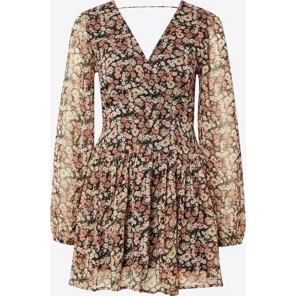 Bardot Women's Mini Floral Dress V Neck Backless Puff Sleeves Faux Wrap Tie Back