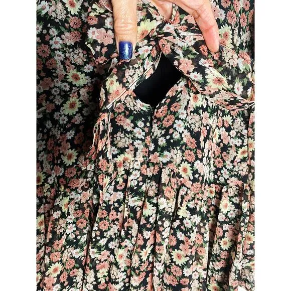 Bardot Women's Mini Floral Dress V Neck Backless Puff Sleeves Faux Wrap Tie Back