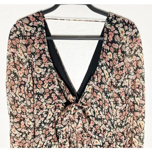 Bardot Women's Mini Floral Dress V Neck Backless Puff Sleeves Faux Wrap Tie Back