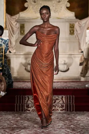 Beaded Copper Corset Draped Gown
