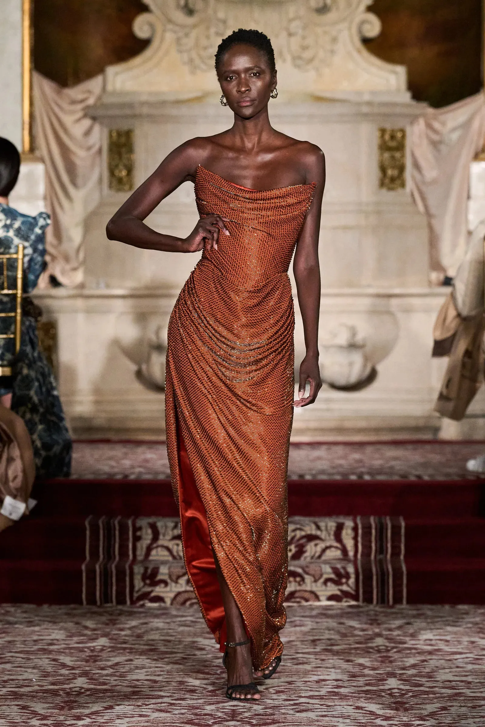 Beaded Copper Corset Draped Gown