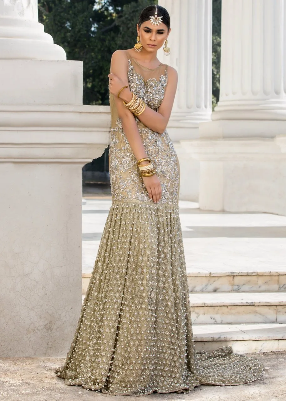 Beautiful embroidered Asian bridal out in alluring gold color # B3346