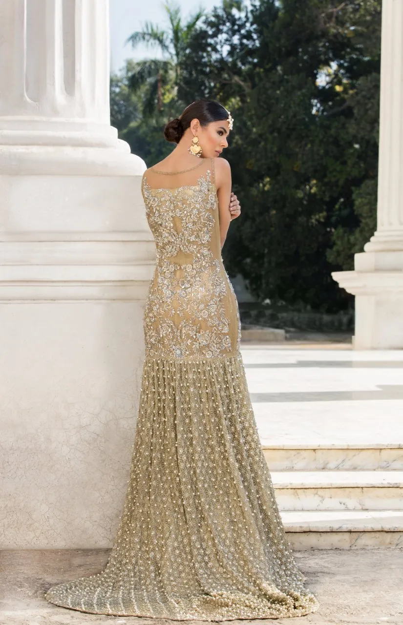 Beautiful embroidered Asian bridal out in alluring gold color # B3346