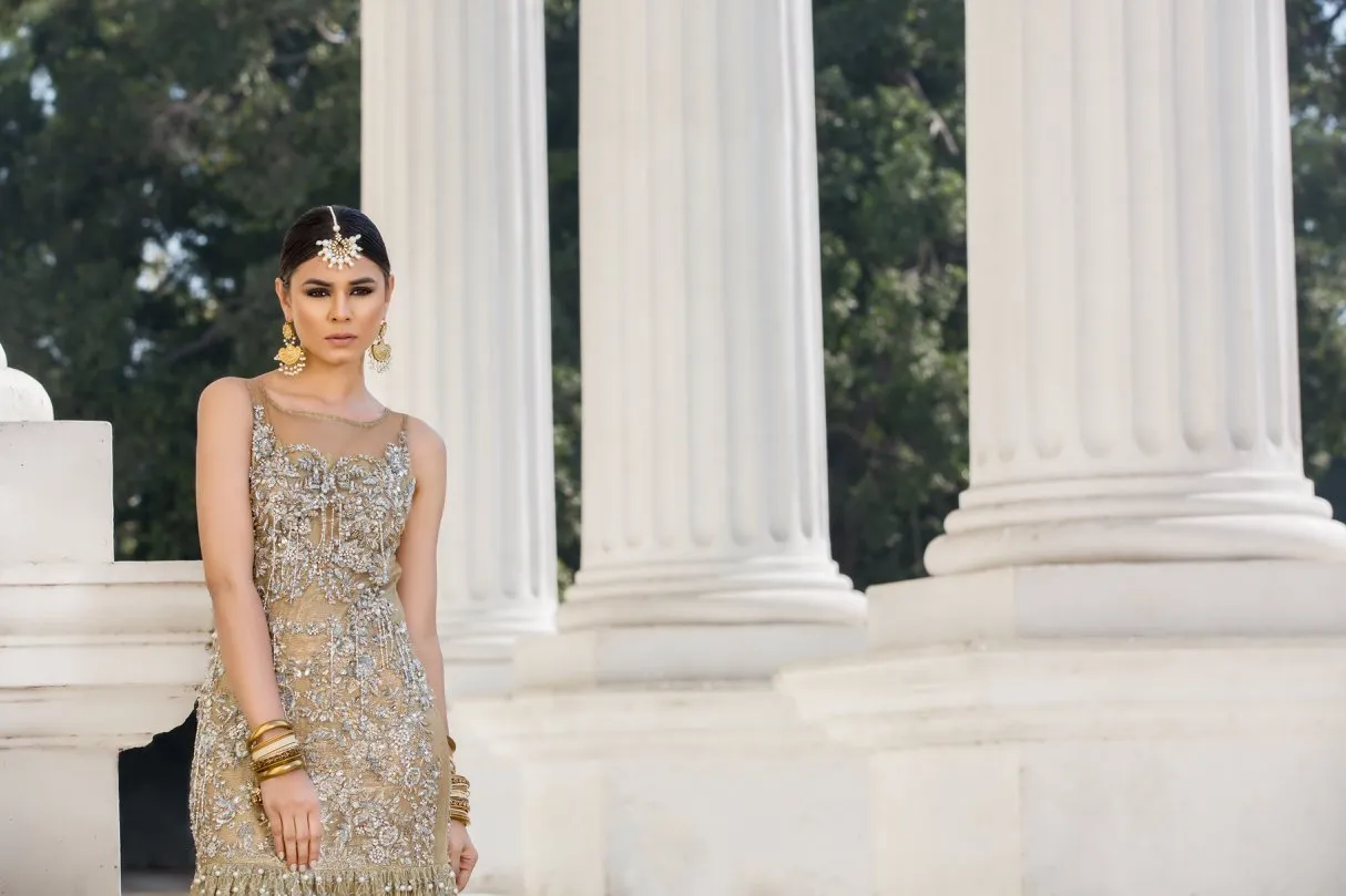 Beautiful embroidered Asian bridal out in alluring gold color # B3346