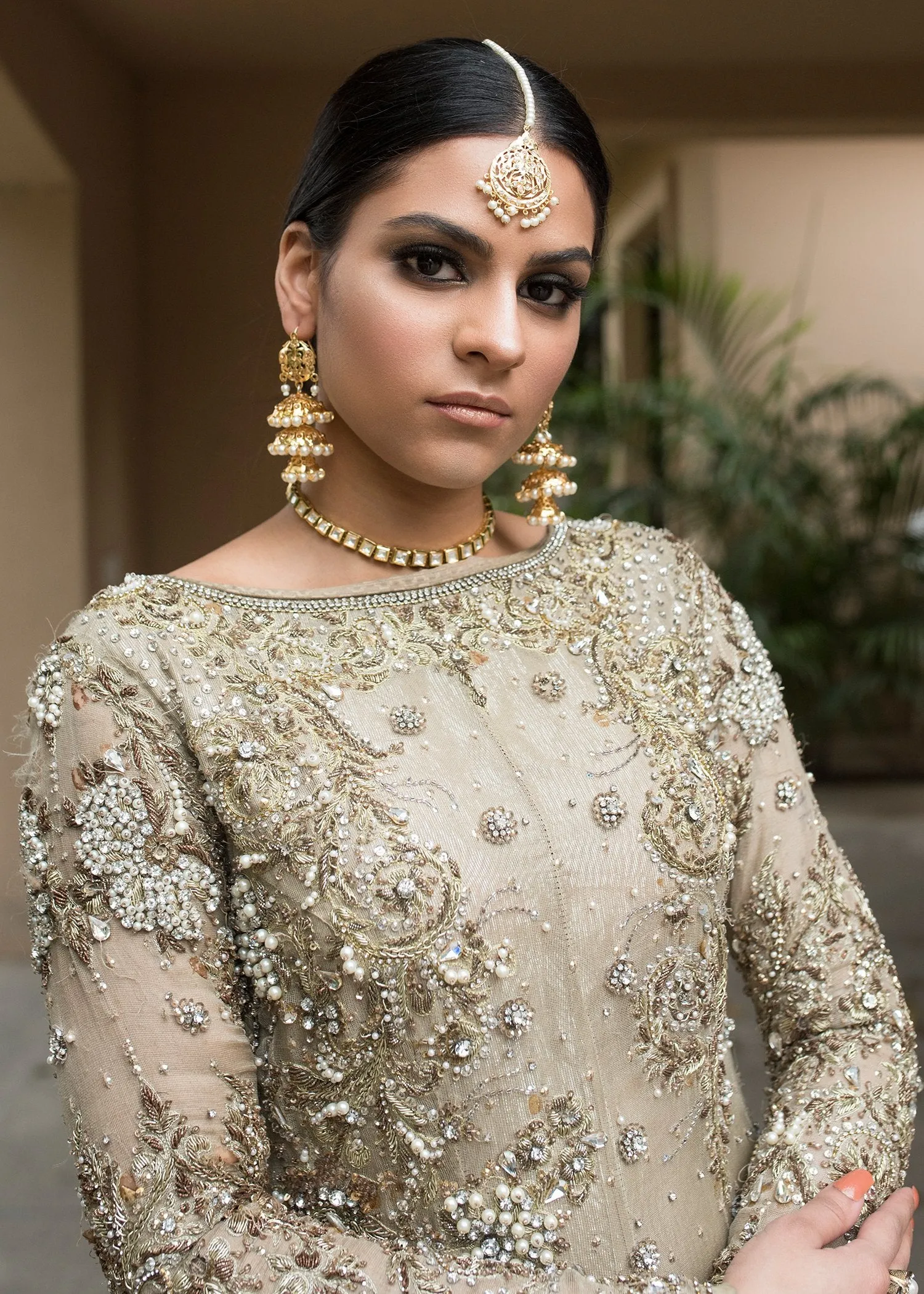 Beautiful Pakistani designer gown dress in dust gold color # B3362