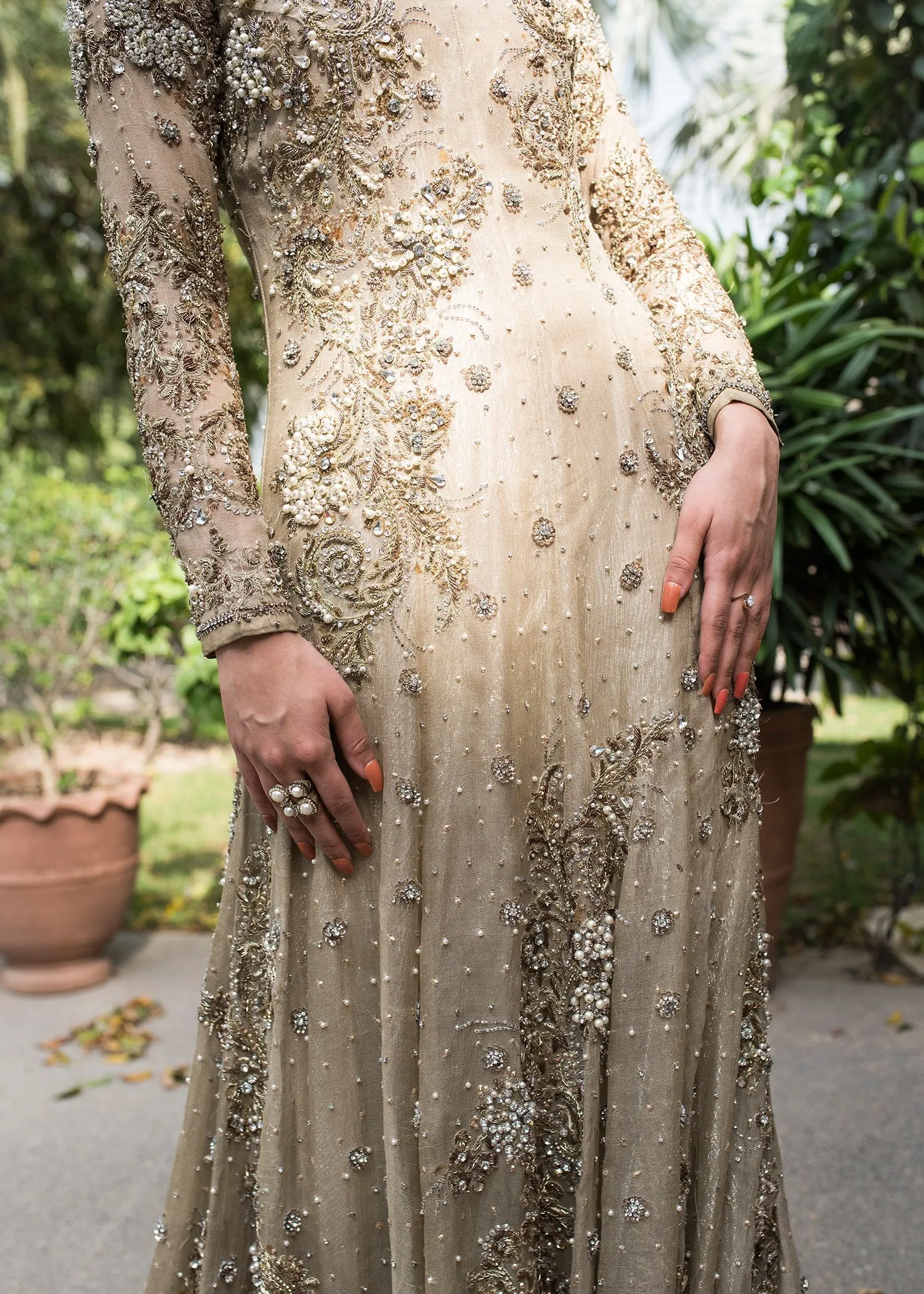 Beautiful Pakistani designer gown dress in dust gold color # B3362