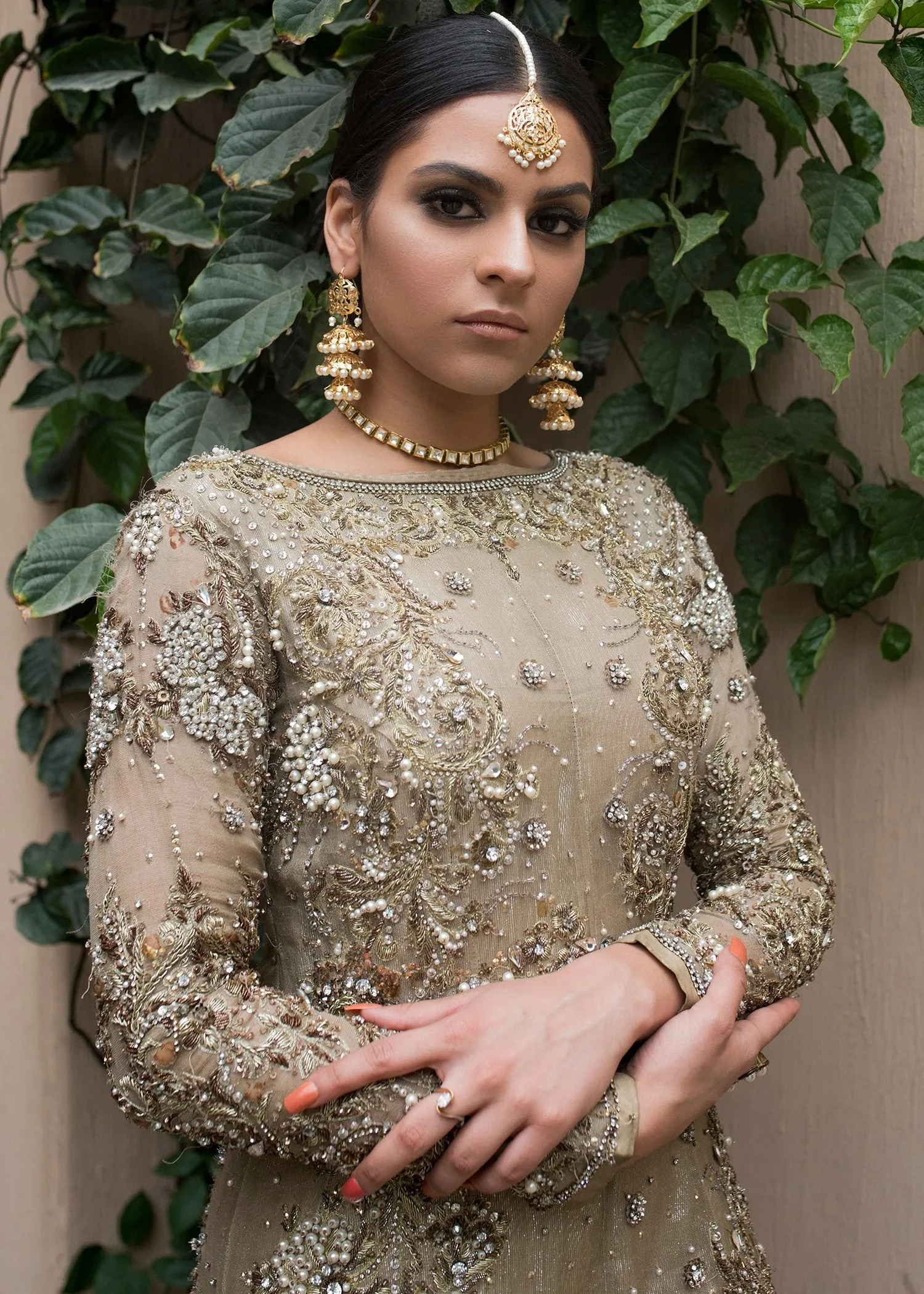 Beautiful Pakistani designer gown dress in dust gold color # B3362
