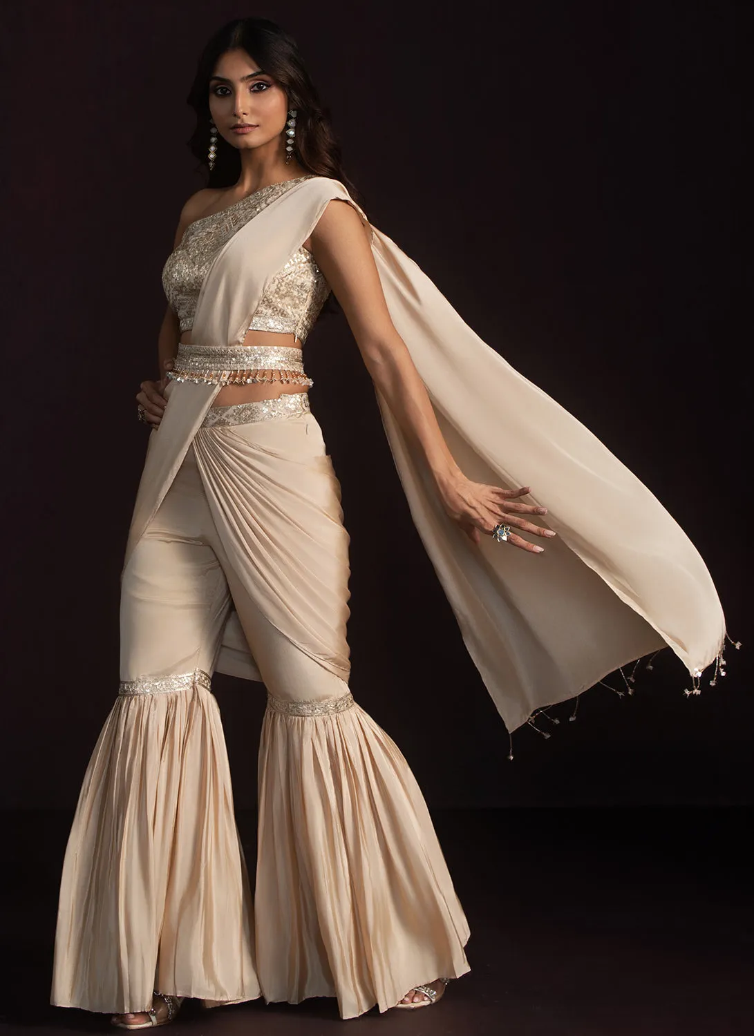 Beige Embroidered Gharara Style Saree
