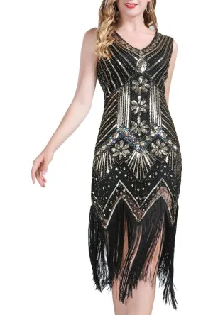 Black, Gold and Iridescent Purple 1920s Flapper Dress