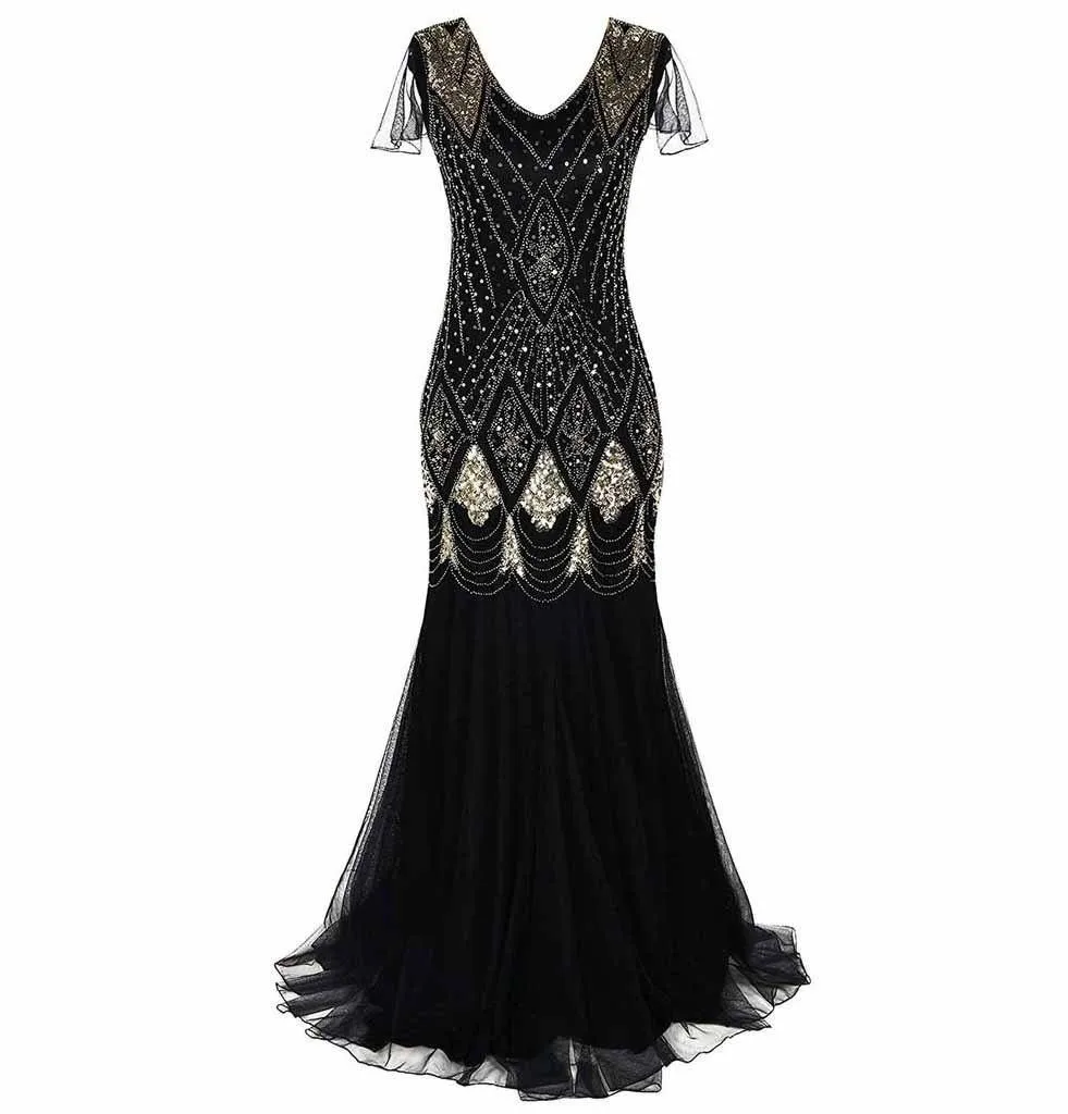 Black Gold Women Evening Dress 1920s Flapper Gatsby Gown