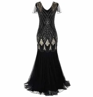 Black Gold Women Evening Dress 1920s Flapper Gatsby Gown