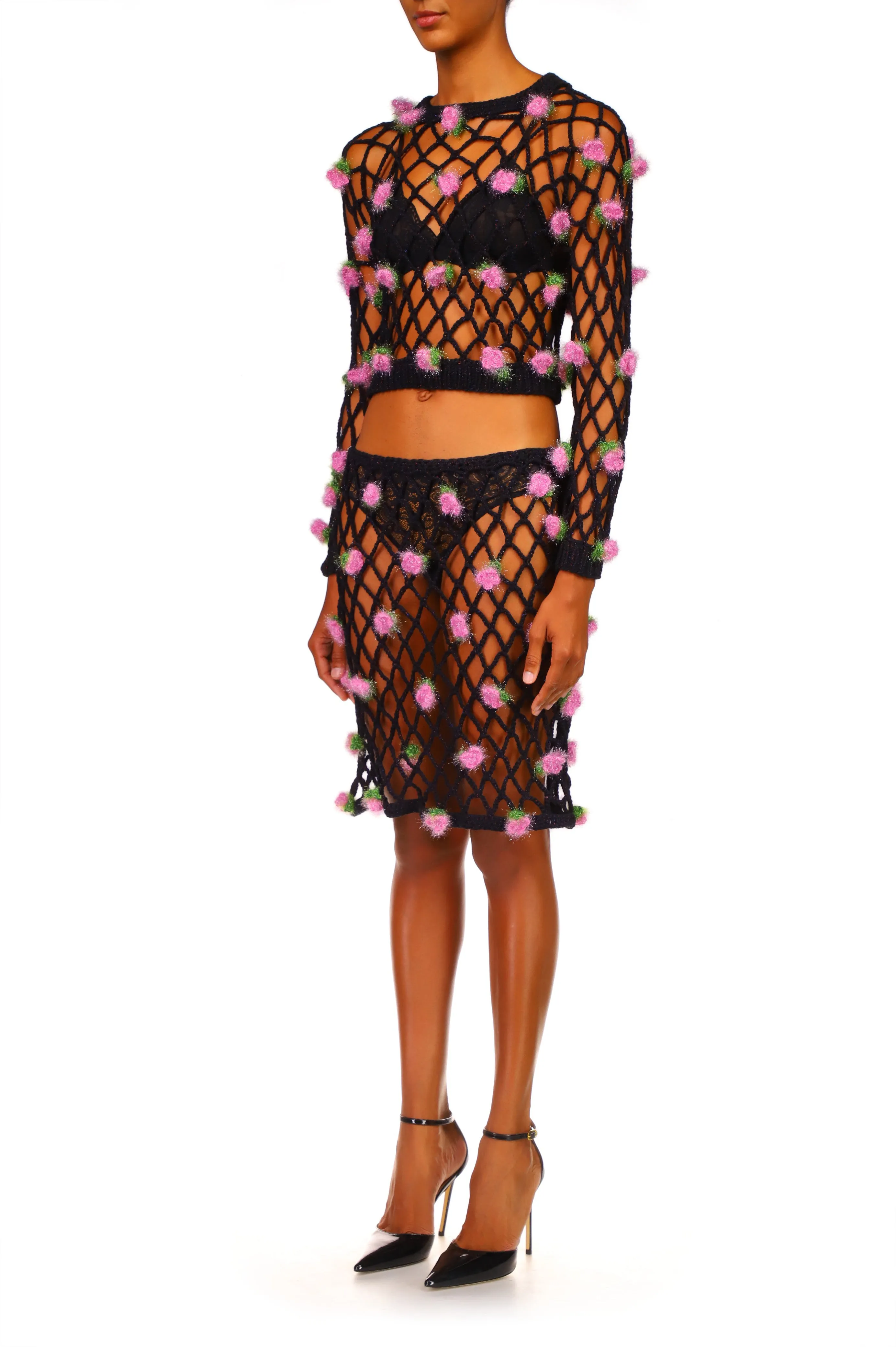 Black Hand Crochet Sweater With Pink Flowers
