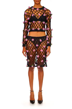 Black Hand Crochet Sweater With Pink Flowers