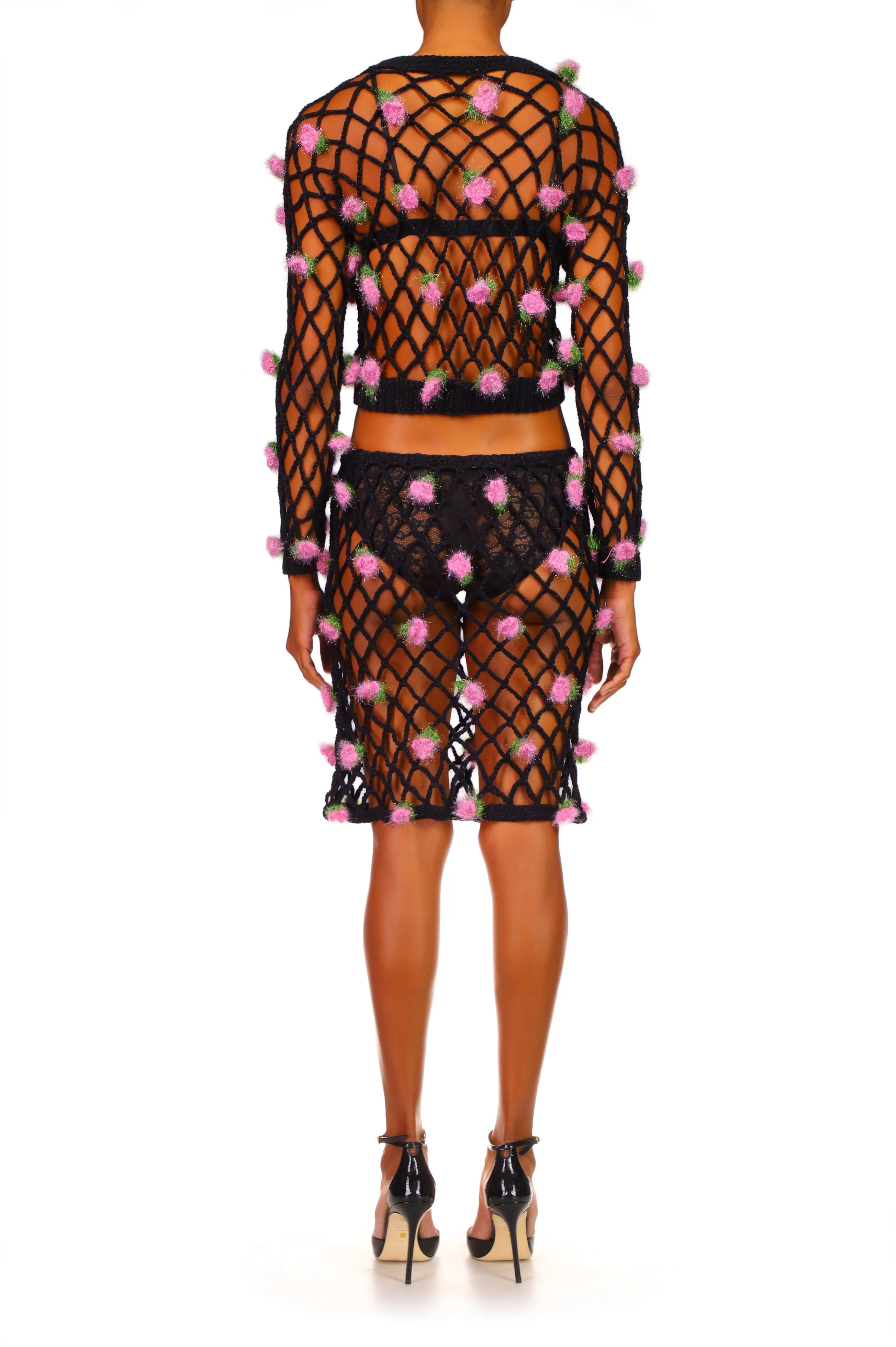 Black Hand Crochet Sweater With Pink Flowers
