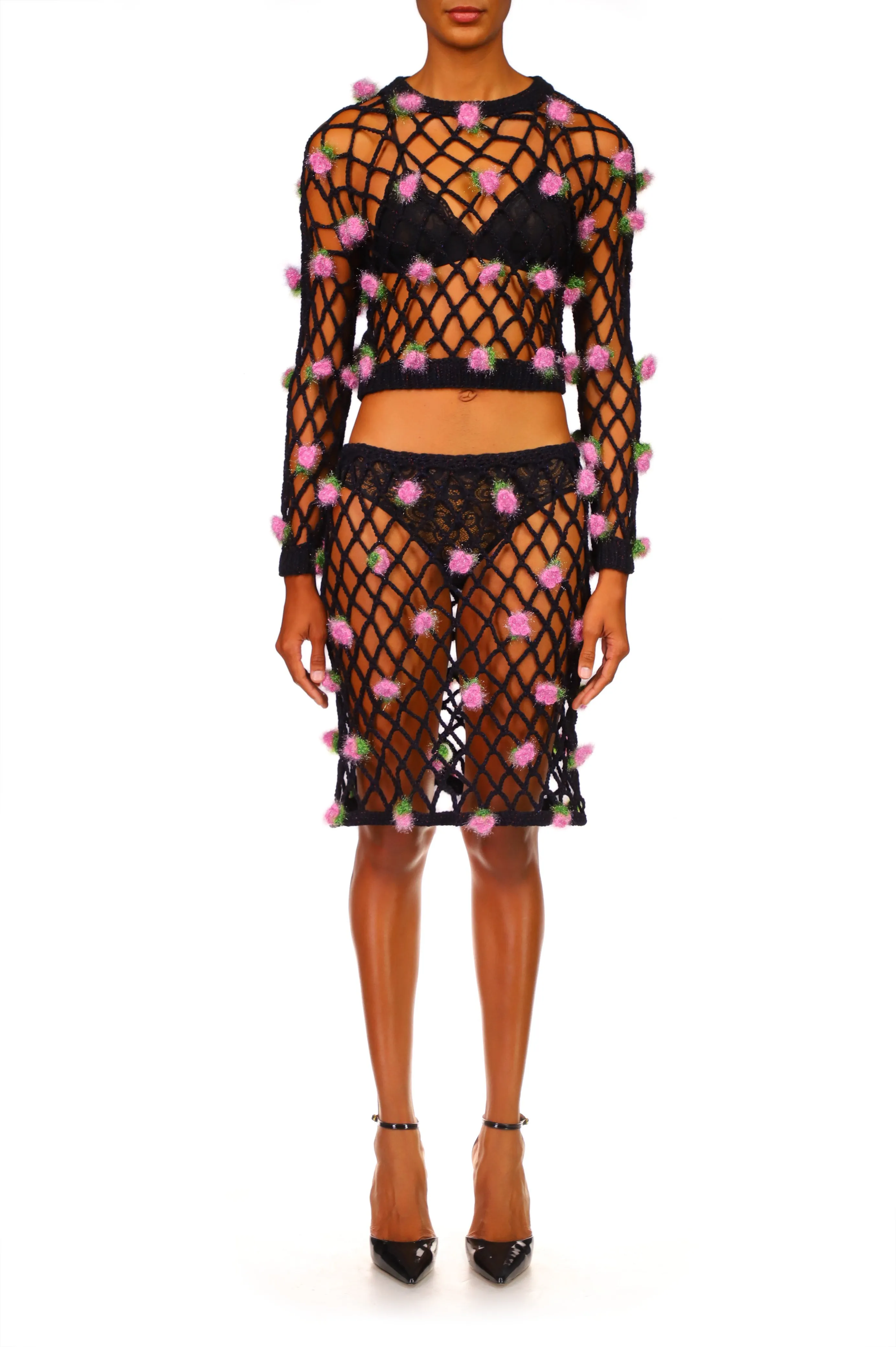 Black Hand Crochet Sweater With Pink Flowers