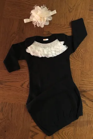 Black Infant gown with Pearl Ruffle