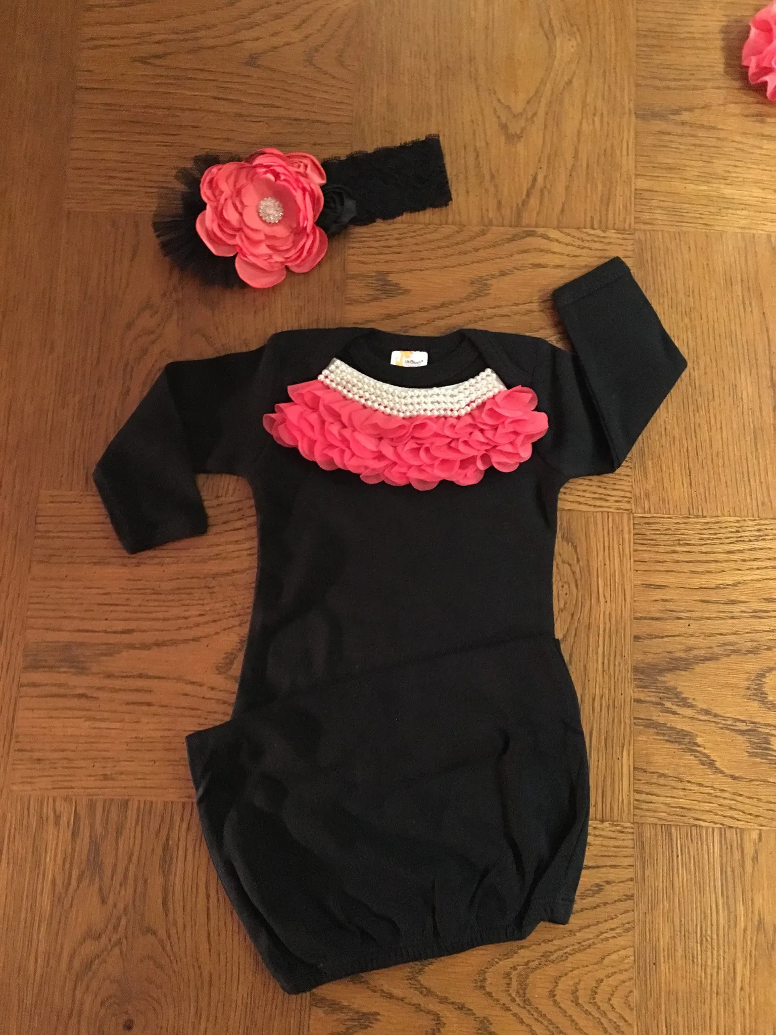 Black Infant gown with Pearl Ruffle