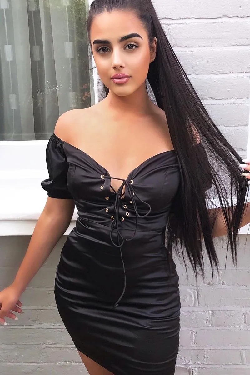 Black Lace Up Detail Satin Mini Dress - Tinslee